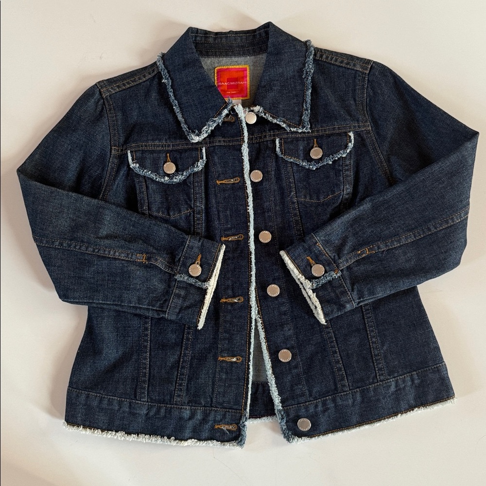 Isaac Mizrahi Blue Denim Jacket with Frayed Trim. Size Medium.